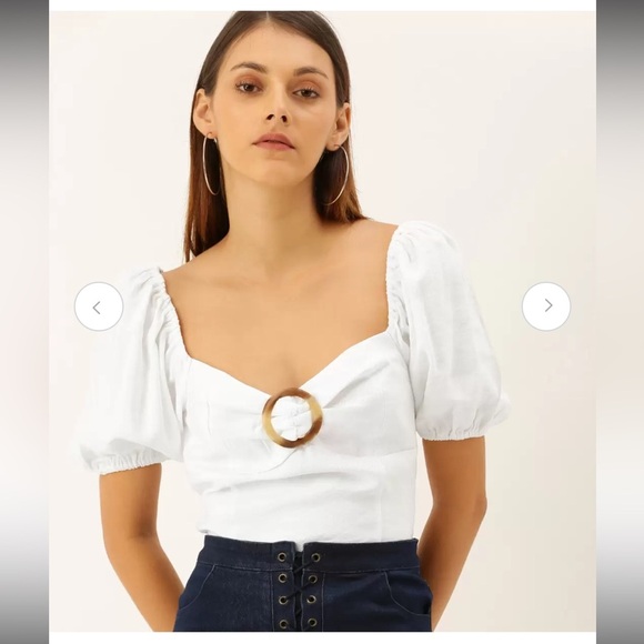 FOREVER 21 Women White Solid Puff Sleeved Top with Gathers - Picture 2 of 11